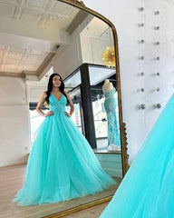 V Neck Appliques Backless Turquoise Tulle Prom Dress