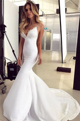 Mermaid Spaghetti Straps Satin Appliques Sleeveless Wedding Dress