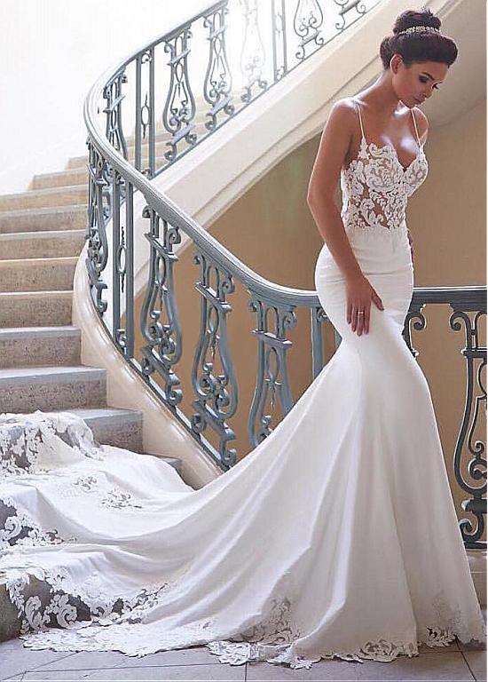 Sexy Tulle & Acetate Satin Spaghetti Straps Mermaid Wedding Dress