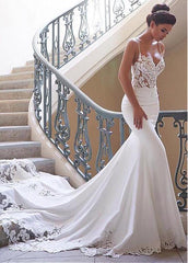 Sexy Tulle & Acetate Satin Spaghetti Straps Mermaid Wedding Dress