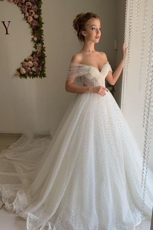 Off The Shoulder Backless Sweetheart Pearl Ball Gown Wedding Dress