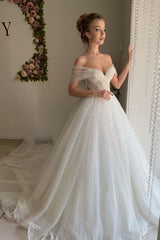 Off The Shoulder Backless Sweetheart Pearl Ball Gown Wedding Dress