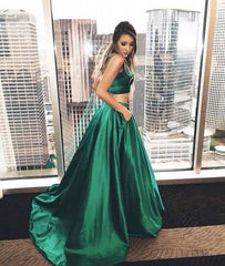 Green satin two pieces long prom dress, green evening dress - RongMoon
