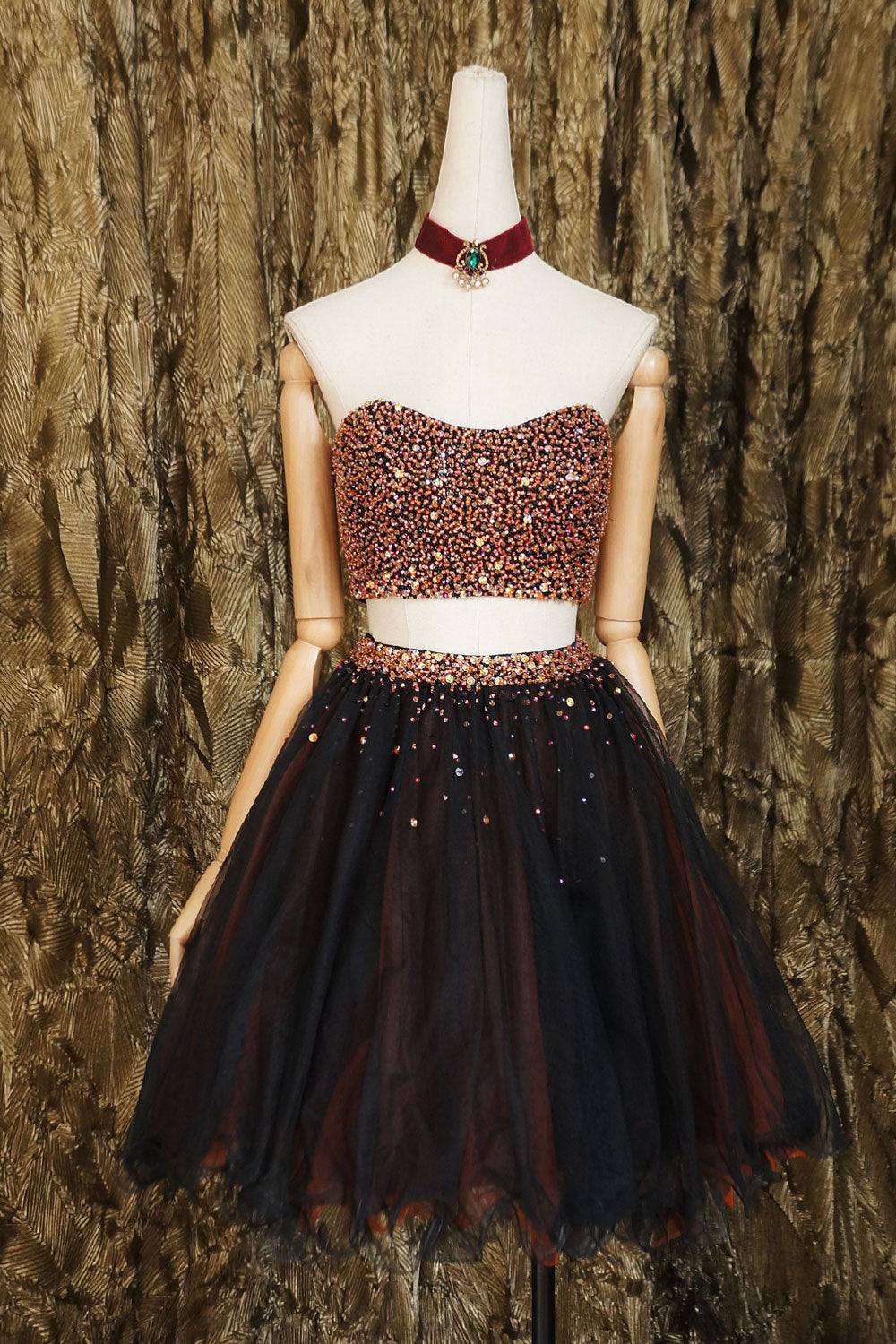 Black two pieces beads tulle short prom dress black homecoming dress - RongMoon