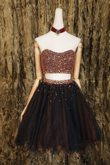 Black two pieces beads tulle short prom dress black homecoming dress - RongMoon