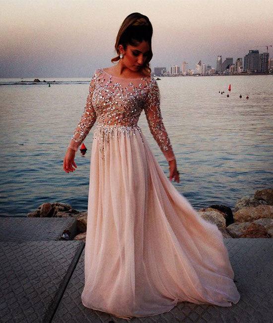 Unique round neck sequin long prom dress, evening dress - RongMoon