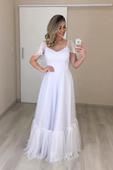 V Neck A Line Backless Cap Sleeve Tulle Wedding Dress
