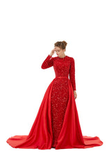 Red Long Sleeves Scoop Trumpet Mermaid Sparkle Sequin Prom Dress