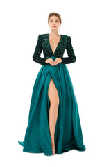 Dark Green Long Sleeves Sequin & Satin A Line Sexy Prom Formal Dress