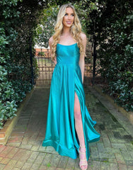 Spaghetti Straps Corset Back Satin Prom Dress With Split