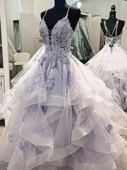 V Neck Backless Ruffles Appliques Tulle Blue Prom Dress