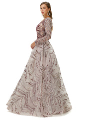 Long  Sleeves V Neck Lace A Line Detachable Train Prom Formal Dress