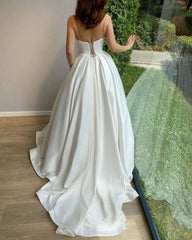 Simple Appliques A Line Satin Spaghetti Straps Brifal Wedding Dress