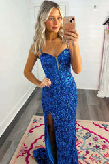 Blue Sequins Sweetheart Backless Prom Dress With Slit