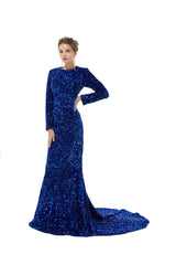 Blue Long Sleeves Scoop Trumpet Mermaid Sparkle Sequin Prom Dress