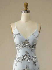 V Neck Mermaid Silver Gray Appliques Prom Dress