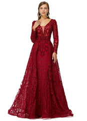 Burgundy Long Sleeves Tulle Beading Detachable Train Formal Prom Dress