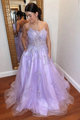 Appliques Spaghetti Straps Lavender Tulle Prom Dress With Pockets