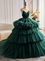 Open Back V Neck Ball Gown Green Prom Dress With Feather