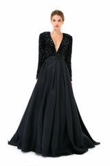 Black Long Sleeves Sequin & Satin A Line Sexy Prom Formal Dress