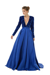 Royal Blue V Neck Sequin Bling Bling Satin A Line Prom Dress