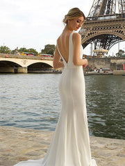 Sheath Column Backless V Neck Satin Wedding Dress With Cape