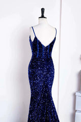 Royal Blue Sequin Backless Mermaid Sheer Prom Dress