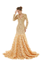 Champagne Sequin V Neck Long Sleeve Trumpet Mermaid Prom Formal Dress