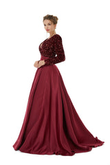 Burgundy Long Sleeves Sequin & Satin A Line Sexy Prom Formal Dress