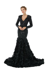 Long Sleeves V Neck Black Trumpet Mermaid Rose Sequin Prom Formal Dress