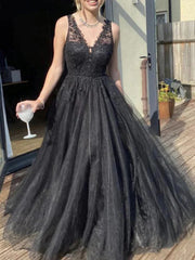 Black V Neck Open Back Lace A Line Prom Dress