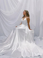 White Satin A Line Simple V Neck Wedding Dress