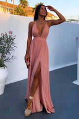 Chiffon Pink Sexy A Line Spaghetti Straps Prom Dress With Slit