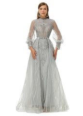 Gray Long Sleeves High Neck A Line Detachable Train Prom Formal Dress