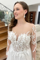 Open Back Long Sleeve Appliques A Line Sheer Wedding Dress