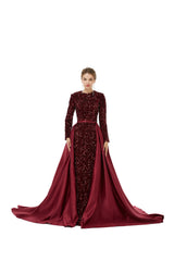 Burgundy Long Sleeves Scoop Trumpet Mermaid Sparkle Sequin Prom Dress