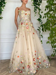 Champagne Colorful Tulle Floral Long Prom Dress