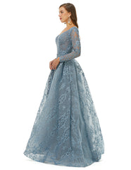 Blue Long Sleeves Scoop Lace A Line Detachable Train Prom Formal Dress