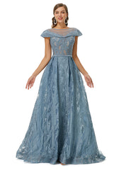 Blue Cap Sleeves Scoop Lace A Line Detachable Train Prom Formal Dress
