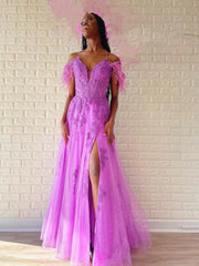 Purple Feather Off Shoulder Prom Dress with High Slit