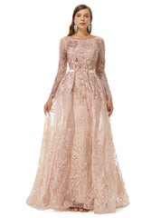Luxury Champagne Beading Long Sleeve Sheer Detachable Train Prom Dress