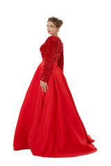 Red Long Sleeves Sequin & Satin A Line Sexy Prom Formal Dress