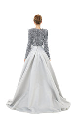 Silver Long Sleeves Sequin & Satin A Line Sexy Prom Formal Dress