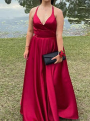 A Line V NeckOpen Back  Burgundy Long Prom Dress