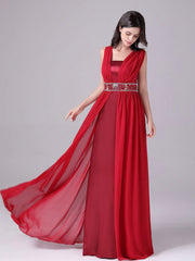 Red Long Boat Neck Satin & Chiffon A Line Beading Prom Dress