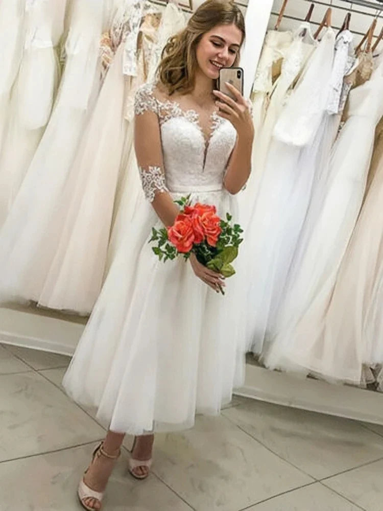 Long Sleeve Sheer Mesh A Line Short Wedding Dress