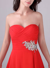 Sweetheart Chiffon Red Beading Pleats Floor Long Bridesmaid Dress