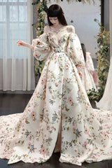 Printed Long Long Sleeves Prom Dress With Slit