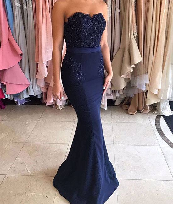 Dark blue lace mermaid long prom dress, bridesmaid dress - RongMoon
