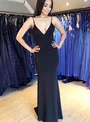 Satin Spaghetti Straps Backless Black Mermaid Prom Dress